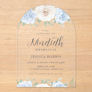 Blauw & Wit Bloemen Waterverf 90ste Verjaardagsfee Acryl Uitnodigingen