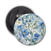 Blauw Wit Bloemen Waterverf Chic Button Flesopener (Voorkant)