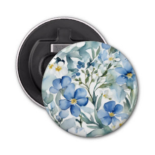 Blauw Wit Bloemen Waterverf Chic Button Flesopener