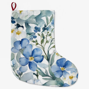 Blauw Wit Bloemen Waterverf Chic Grote Kerstsok