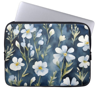 Blauw Wit Bloemen Waterverf Chic Laptop Sleeve