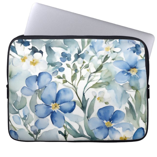 Blauw Wit Bloemen Waterverf Chic Laptop Sleeve (Voorkant)