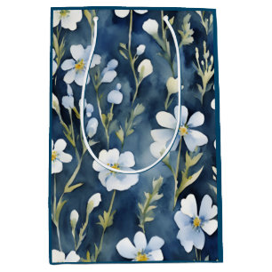 Blauw Wit Bloemen Waterverf Chic Medium Cadeauzakje