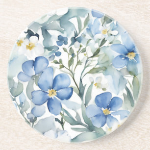 Blauw Wit Bloemen Waterverf Chic Zandsteen Onderzetter