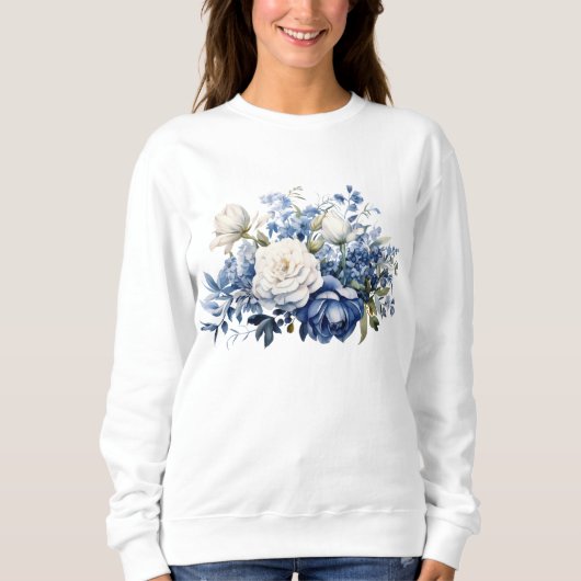 Blauw Wit Bloemen Waterverf Trui (Voorkant)