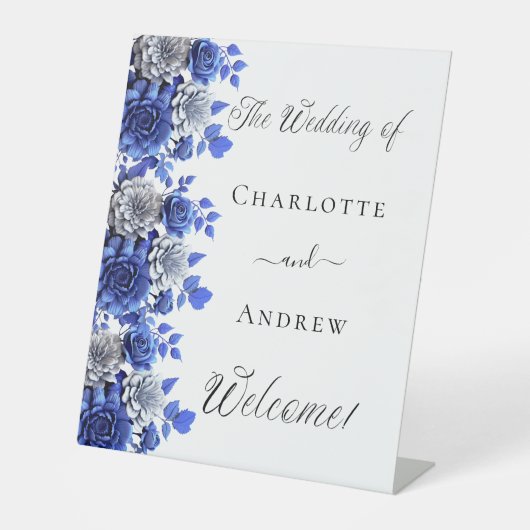 Blauw wit bloemenschrift welkom bruiloft reclamebord met voetstuk (Voorkant)