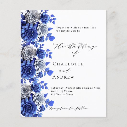Blauw wit bloemenscript budget bruiloft uitnodigin flyer (Voorkant)