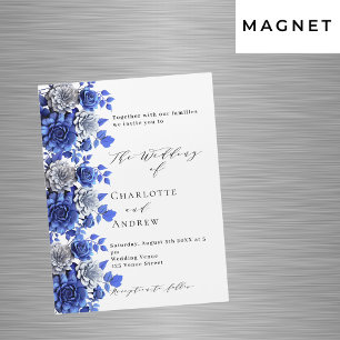 Blauw wit bloemetjes script luxe bruiloft magnetische uitnodiging