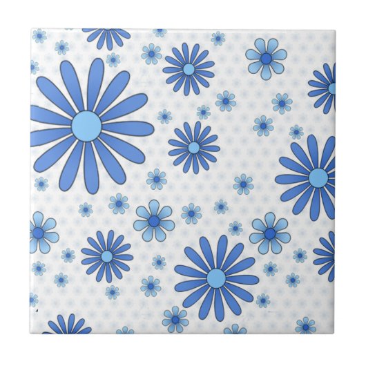 Blauw & Wit Bloemmacht Retro Bloemen Tegeltje (Voorkant)