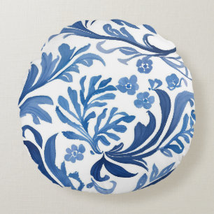 Blauw & Wit Bloemmotief Chinoiserie Patroon Rond Kussen