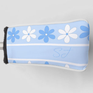 BLAUW WIT  BLOEMPATROON BLOEMEN INITIALEN GOLFHEADCOVER