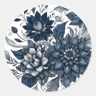 Blauw & Wit Boheems Bloemen Bruiloft Ronde Sticker