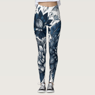 Blauw & Wit Boheems Bloemen Print Leggings