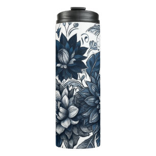 Blauw & Wit Boheems Bloemen Print Thermosbeker