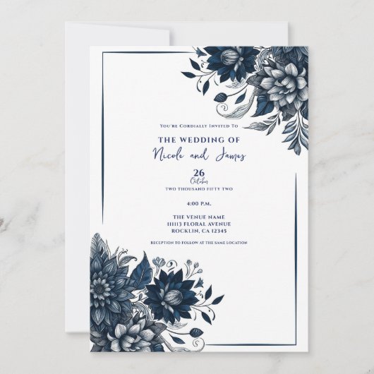 Blauw & Wit Boheems Glam Bloemen Bruiloft Kaart (Voorkant)