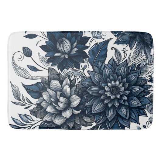Blauw & Wit Boheemse Bloemprint Badmat (Voorkant)