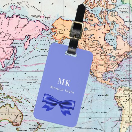Blauw wit boog monogram initialen elegant bagagelabel