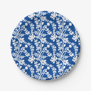 Blauw-wit botanisch herhalingspatroon papieren bordje