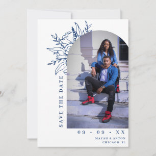 Blauw & Wit Botanische Bloemenboog Foto Bruiloft Save The Date