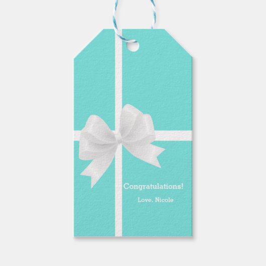 Blauw & Wit Bow Bruiloft Bruidsgeschenk Label Cadeaulabel (Voorkant)