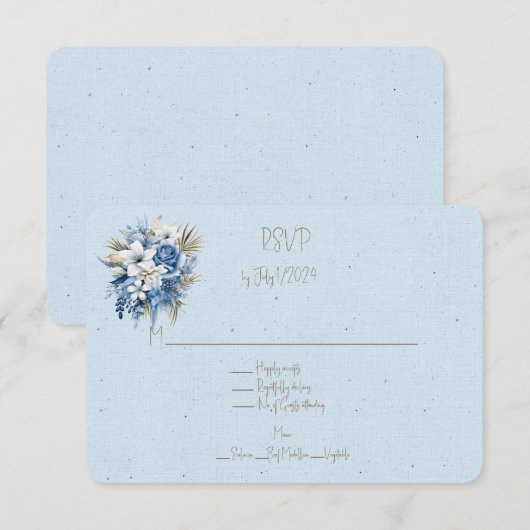 Blauw Wit Bruin Bloemen Bruiloft Boeket RSVP Kaartje (Voorkant / Achterkant)