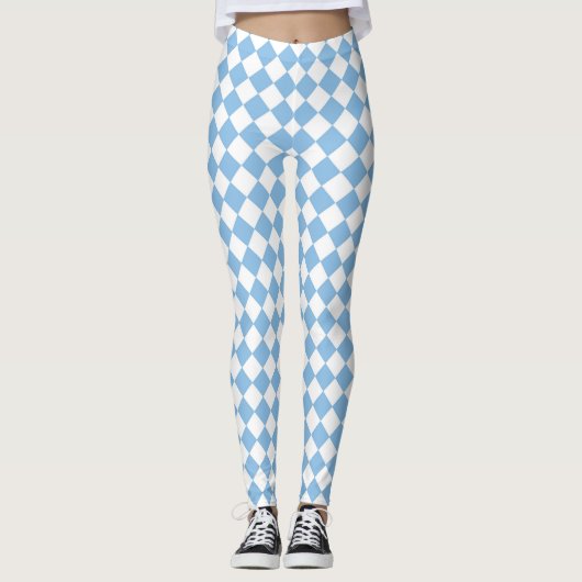 Blauw Wit Checker Diamant Patroon Leggings (Voorkant)