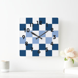 Blauw-Wit Checkerboard Muurklok Vierkante Klok