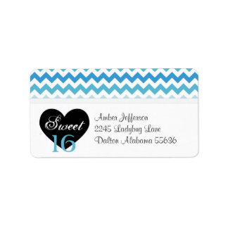 Blauw & Wit Chevron Sweet 16 Party Adresetiketten Etiket