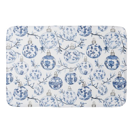 Blauw Wit Chic Bloemen Kerst Ornamenten Badmat (Voorkant)