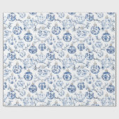 Blauw Wit Chic Bloemen Kerst Ornamenten Cadeaupapier (Vlak)