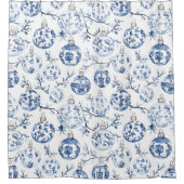Blauw Wit Chic Bloemen Kerst Ornamenten Douchegordijn (Voorkant)