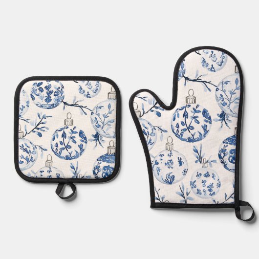 Blauw Wit Chic Bloemen Kerst Ornamenten Ovenwant & Pannenlap Set (Voorkant)