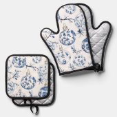 Blauw Wit Chic Bloemen Kerst Ornamenten Ovenwant & Pannenlap Set (Voorkant / Achterkant)