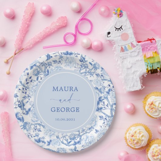 Blauw Wit Chinoiserie Bloemen Huwelijk Monogram Papieren Bordje (Feest)