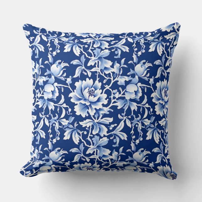  Blauw & Wit Chinoiserie Bloemen Kussen (Voorkant)