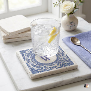 Blauw-Wit Chinoiserie Bloemen Monogram Stenen Onderzetter