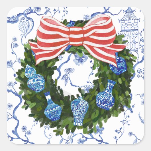 Blauw & Wit Chinoiserie Kerstkrans Vierkante Sticker (Voorkant)
