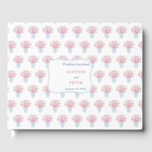 Blauw Wit Chinoiserie Met Roze Bloesems Bruiloft Gastenboek (Voorkant)
