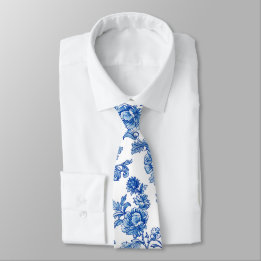 Blauw-wit Chinoiserie Roos Peony Stropdas