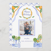 Blauw Wit Chinoiserie Sinaasappel Kerstfoto Feestdagenkaart (Voorkant / Achterkant)