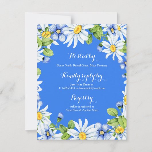 Blauw Wit Daisy Bloemen Bruids Douche Uitnodiging (Achterkant)