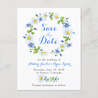 Blauw Wit Daisy Bloemen Bruiloft Save the Date