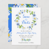Blauw Wit Daisy Bloemen Bruiloft Save the Date (Voorkant / Achterkant)