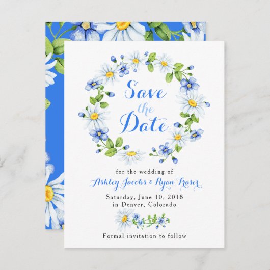 Blauw Wit Daisy Bloemen Bruiloft Save the Date (Voorkant / Achterkant)