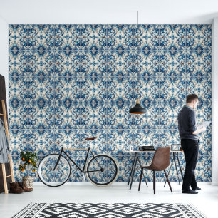 Blauw-wit decoratieve Tegel ontwerp Behang