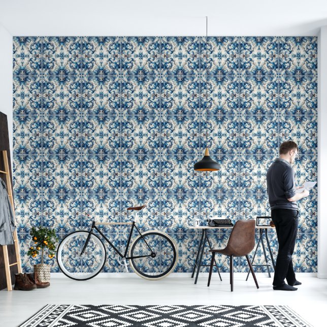 Blauw-wit decoratieve Tegel ontwerp Behang (Woonkamer)