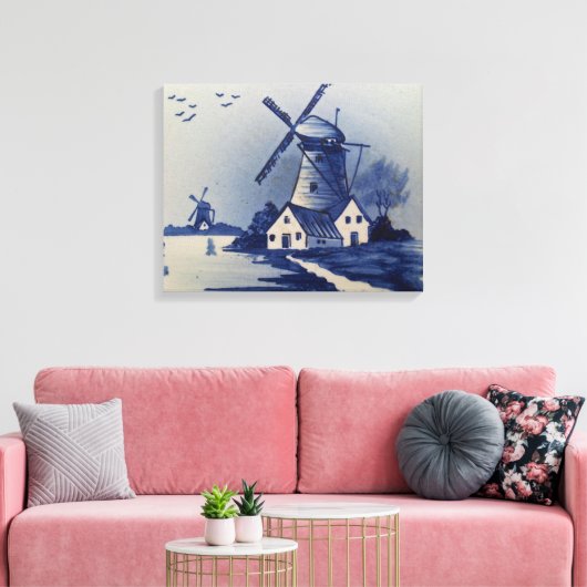 Blauw Wit Delft Windmolen Canvas Afdruk (Insitu (Woonkamer))