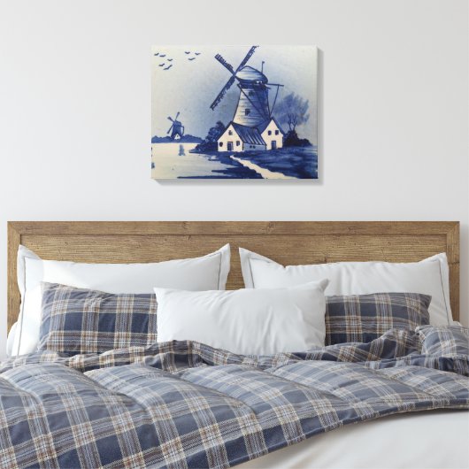 Blauw Wit Delft Windmolen Canvas Afdruk (Insitu (Slaapkamer))