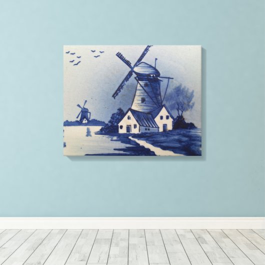 Blauw Wit Delft Windmolen Canvas Afdruk (Insitu (Houten vloer))