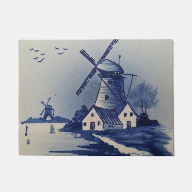  Blauw Wit Delft Windmolen Deurmat (Voorkant)